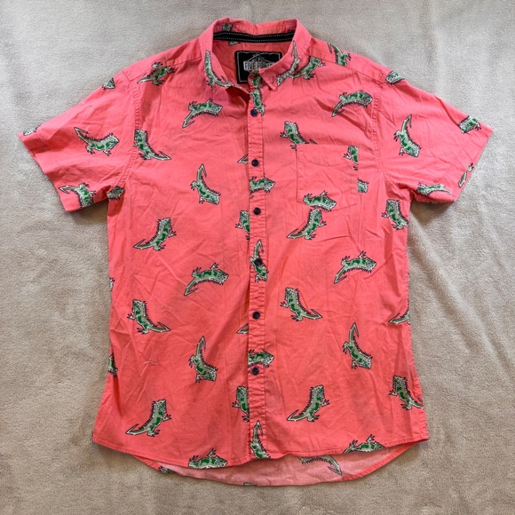 Five Points Industries Iguana Lizard Print Salmon Pink Summer Button Down Sz L - Picture 2 of 9